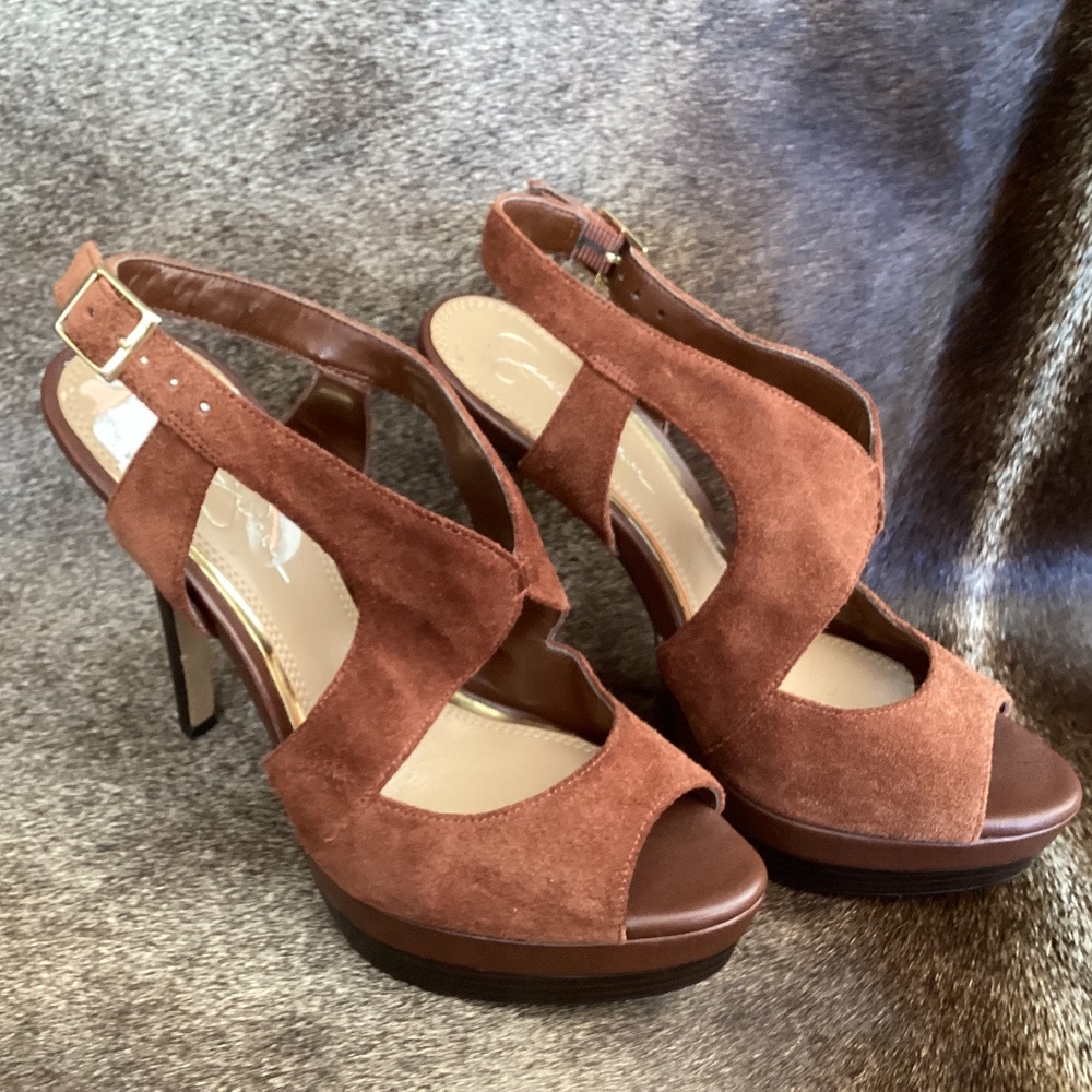 Jessica Simpson Elysi Brown Suede Leather Peep Toe Stick Heels